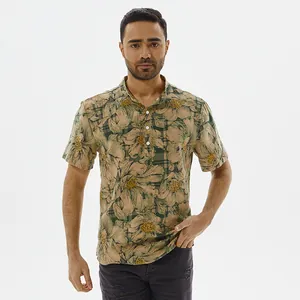Men's retro floral cotton linen short sleeve shirt with vintage stand collar design