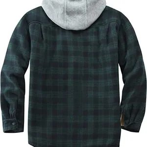 Casual men's green and black plaid flannel hooded jacket with grey hood back view