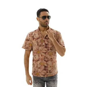 Men's retro stand collar floral short-sleeved cotton linen shirt for summer beach wear