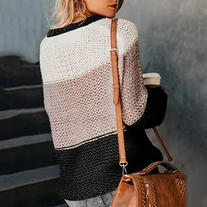 Detailed back view of a tricolor colorblock knit sweater with textured horizontal stripes