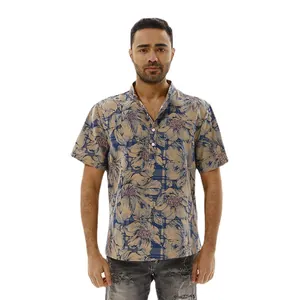 Vintage floral print men's cotton linen beach shirt with retro stand collar design