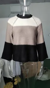 Women's casual three-color striped color-block knit sweater in white beige and black