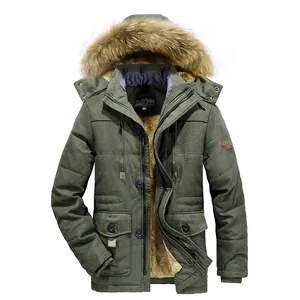 Men's winter olive green heavyweight parka jacket with warm fleece lining and faux fur hood