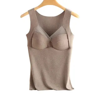 Brown seamless thermal camisole with built-in bra pads for winter base layer use
