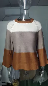 Detailed view of women's color-block striped knitted sweater on a transparent mannequin