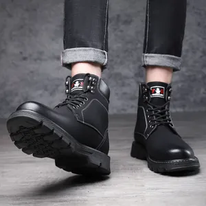 Bottines Martin pour Hommes Style Britannique en Croûte de Cuir Bottes d'Outillage Noires à Lacets Antidérapantes Chaudes