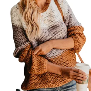 Women's striped color-block chunky knit sweater with round neck and long sleeves