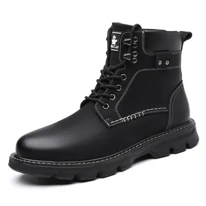 Bottes Martin pour hommes en cuir noir de style britannique, bottines de travail