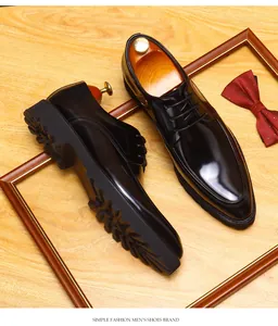 Detailed close-up of black genuine leather business Derby shoes with thick lug sole
