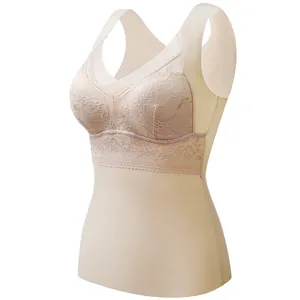 Beige seamless lace thermal camisole for women with built-in bra pads for winter warmth