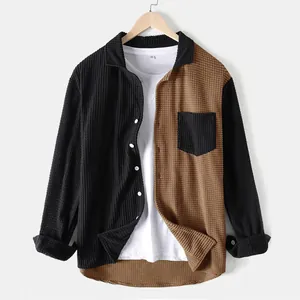 Close-up of a men's color-block waffle shirt featuring black and brown textures