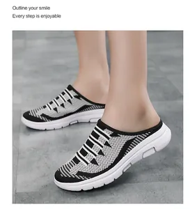 Detail showing breathable fly-knit texture and slip-on design of casual women's mules