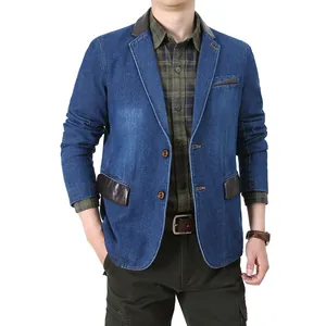 Blazer en Jean Décontracté pour Hommes Coton Patchwork Cuir PU Col à Revers Boutonnage Simple Coupe Ajustée pour Bureau