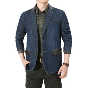 Blazer en denim ajusté pour hommes avec finitions en cuir bleu marine