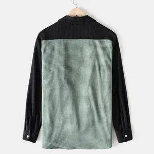 Detailed back view of a casual color-block waffle texture long-sleeve shirt jacket
