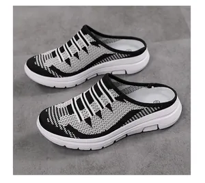 Detailed view of women's breathable knit slip-on mules with mesh texture