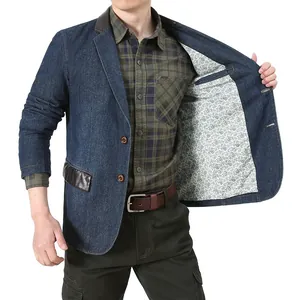 Blazer en jean pour homme avec garniture en cuir et doublure à imprimé cachemire