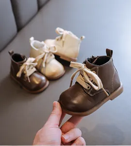 British style toddler leather boots with soft sole and side zipper in classic brown color