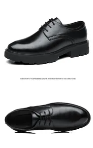 Detailed views of black men's business leather shoes with thick elevator soles