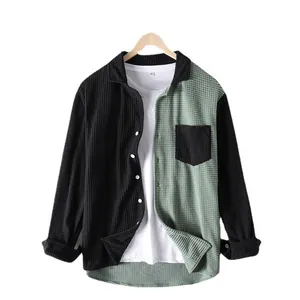 Men's casual color-block corduroy shirt jacket in black and sage green, loose fit