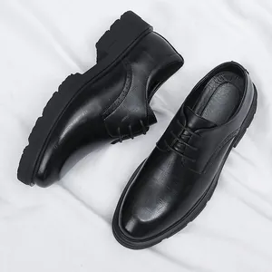 Men's professional black formal leather dress shoes with height increasing chunky sole