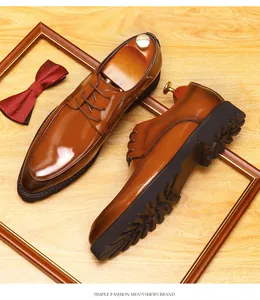 Detailed view of brown leather men's Derby shoes with durable thick lugged sole