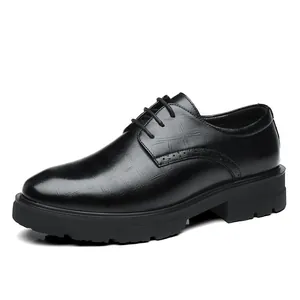 Men's black textured leather business formal shoes with hidden 10cm height increase.