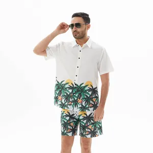 Men Hawaiian Top And Bottom Set Polyester Printed Beach Shorts And Short Sleeve Shirt Casual Tropical Style White Outfit