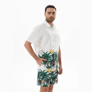Men's white Hawaiian short sleeve shirt and shorts set with tropical palm tree print