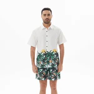 Men's Hawaiian short sleeve shirt and shorts set with tropical palm tree sunset print