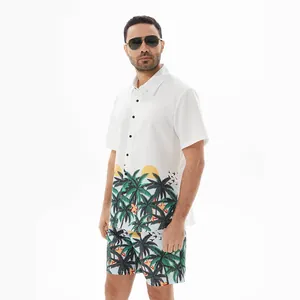 Men's white Hawaiian two-piece set with tropical palm tree print and sunglasses detail