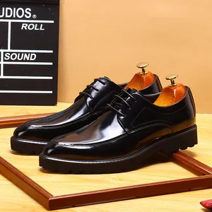 Men's Genuine Cowhide Leather Derby Shoes British Style Business Formal Pointed Toe Thick Sole Height Increasing Shoes