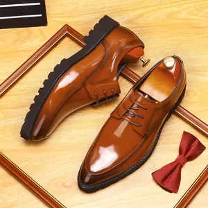 Premium polished brown leather Derby shoes with thick lug soles and pointed toe design