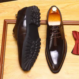 Premium brown leather Derby shoes for men with pointed toe and thick rubber lug sole