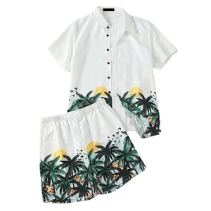 Two-piece men's Hawaiian beach set with white shirt and tropical palm tree print shorts