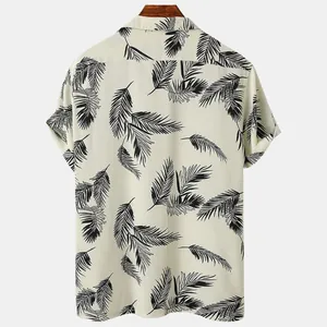 Back view detail of men's short-sleeved Hawaiian shirt with black palm leaf print