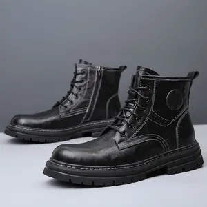 Bottines Martin pour homme en cuir véritable noir, style britannique avec fermeture éclair