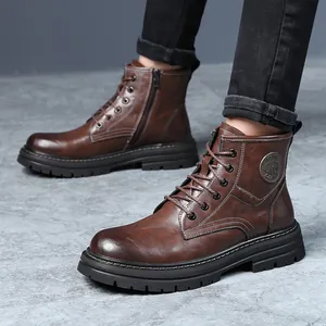 Bottines Martin en cuir véritable marron vintage pour hommes avec fermeture éclair latérale