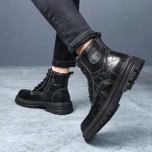Bottines Martin en cuir noir premium pour hommes, style britannique rétro à semelles épaisses