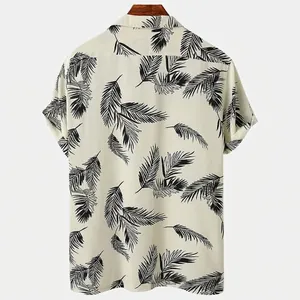Back view of men's short sleeve Hawaiian shirt with black palm leaf print on beige