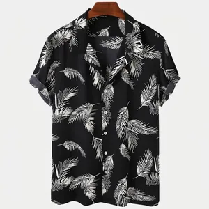 Men's black Hawaiian beach shirt with white palm leaf prints and button-down collar