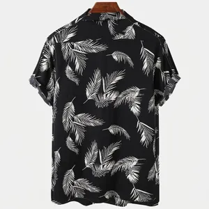 Men's black Hawaiian shirt with white palm leaf print back view summer beachwear style