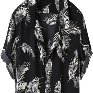 Stylish men's black Hawaiian beach shirt featuring a white palm leaf print design
