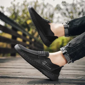 Heren Handgestikte Microvezel Leren Schoenen Britse Business Casual Instappers Antislip Ademende Rij-Mocassins