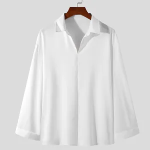White men's loose V-neck pullover long-sleeved shirt with elegant drape fabric detail