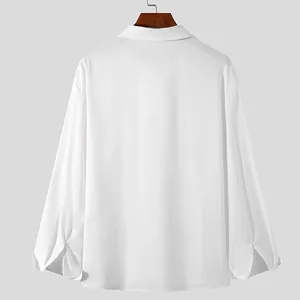 Detailed back view of a minimalist white loose fit long-sleeved casual shirt for men