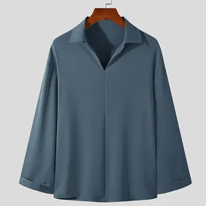 Mens loose V-neck pullover long-sleeve shirt in slate blue with relaxed fit design