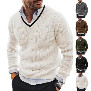 Pull Homme Col en V en Tricot Torsadé Coupe Cintrée Manches Longues Acrylique Décontracté Business Chaud Automne Hiver