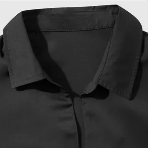 Close-up detail of a men's black V-neck shirt collar with elegant drape fabric.