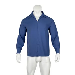 Detail view of men's blue V-neck long-sleeved shirt with a loose, casual fit